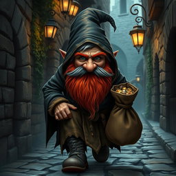 A gnome thief with a graying red beard, dressed in a tattered, dark cloak that blends into the shadows