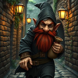A gnome thief with a graying red beard, dressed in a tattered, dark cloak that blends into the shadows