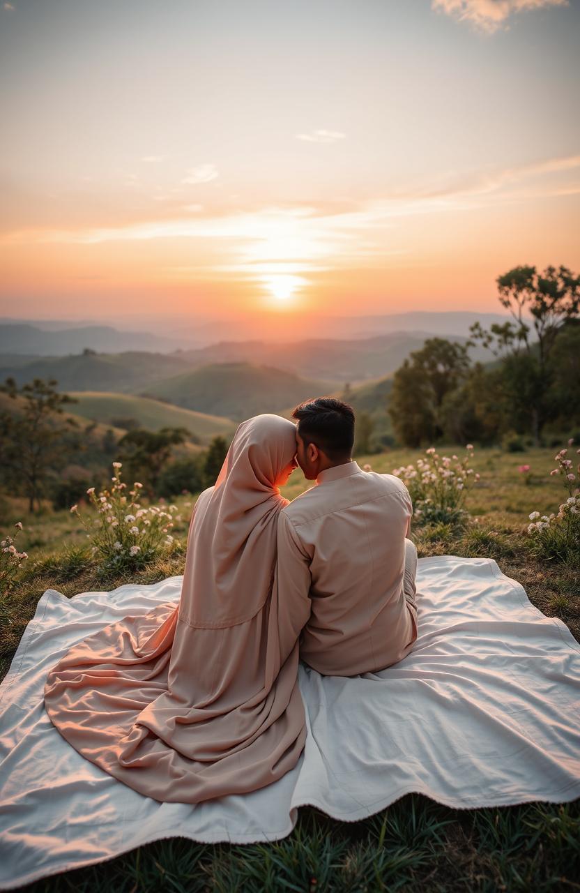 A beautiful, serene landscape scene featuring a stunning sunset over rolling hills
