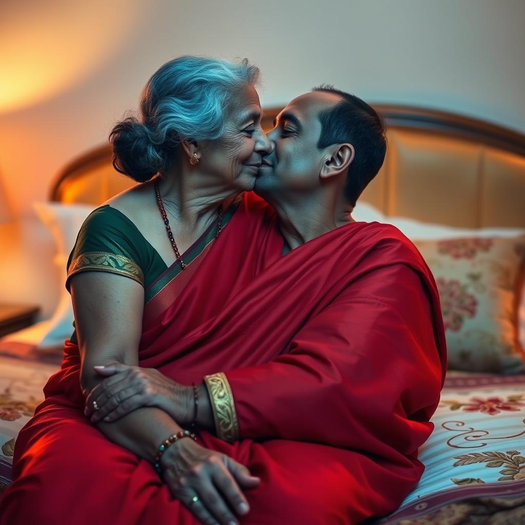 An intimate scene featuring an elderly woman wearing a vibrant red saree, sitting gracefully on a bed