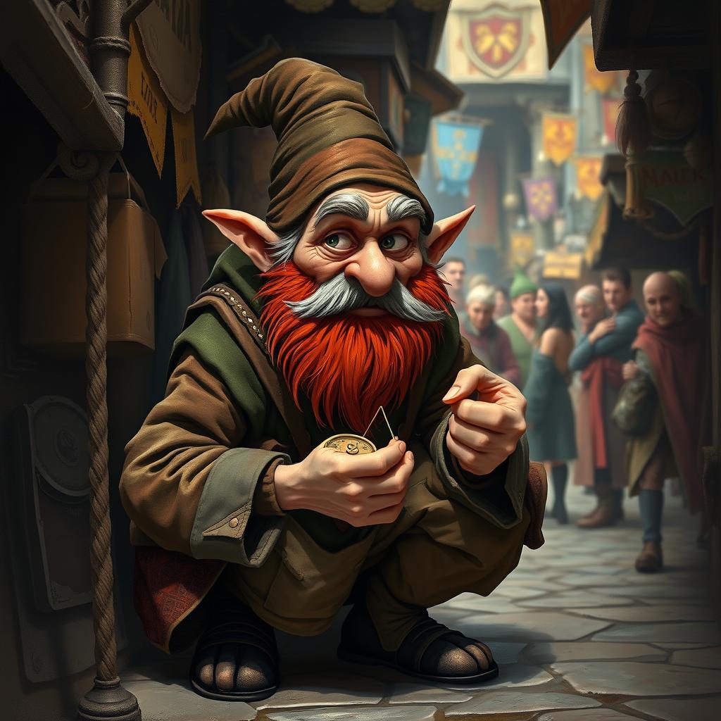 An old gnome thief with a graying red beard, wearing a patchwork tunic filled with pockets, is crouched in a shadowy corner of a bustling medieval market