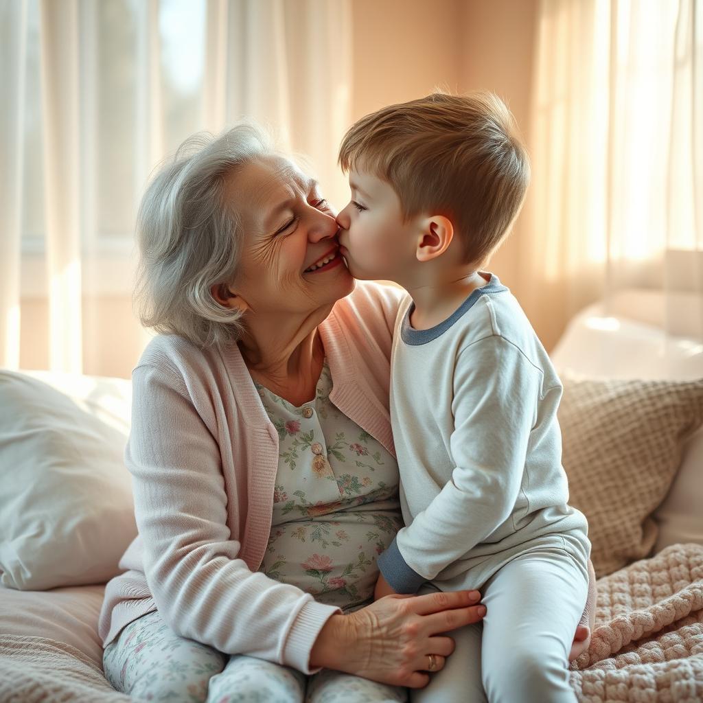 An elderly woman with silver hair and a gentle smile shares a tender moment with a young boy in a cozy bedroom