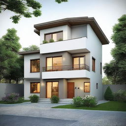 A 77 square meter two-story house with six rooms and three bathrooms