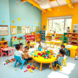 An imaginative and colorful kindergarten classroom named 'Arc Kindergarten', filled with cheerful children playing and learning