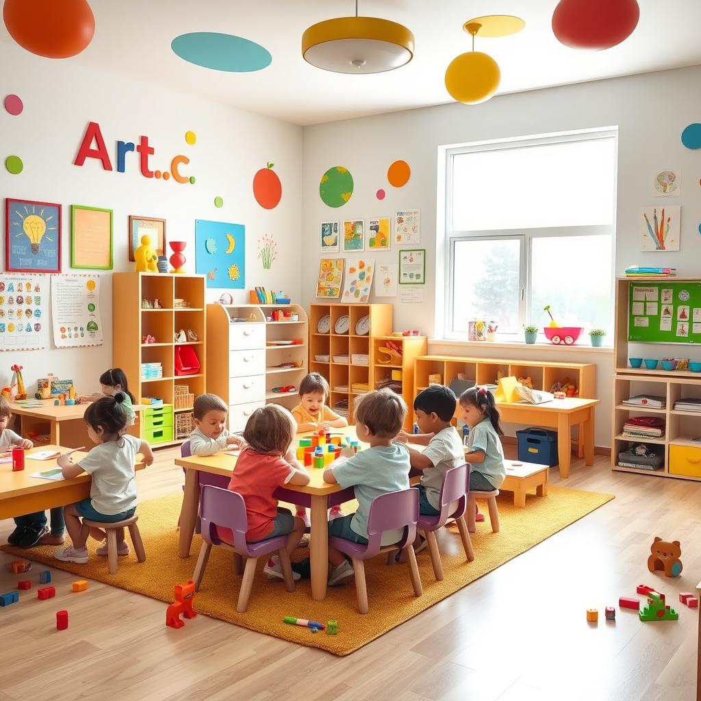 An imaginative and colorful kindergarten classroom named 'Arc Kindergarten', filled with cheerful children playing and learning