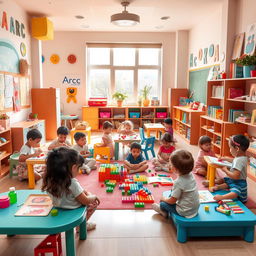 An imaginative and colorful kindergarten classroom named 'Arc Kindergarten', filled with cheerful children playing and learning