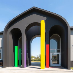 A kindergarten designed with three distinct arch-shaped sections, each separated from one another