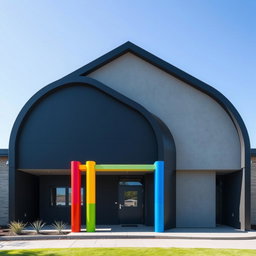 A kindergarten designed with three distinct arch-shaped sections, each separated from one another