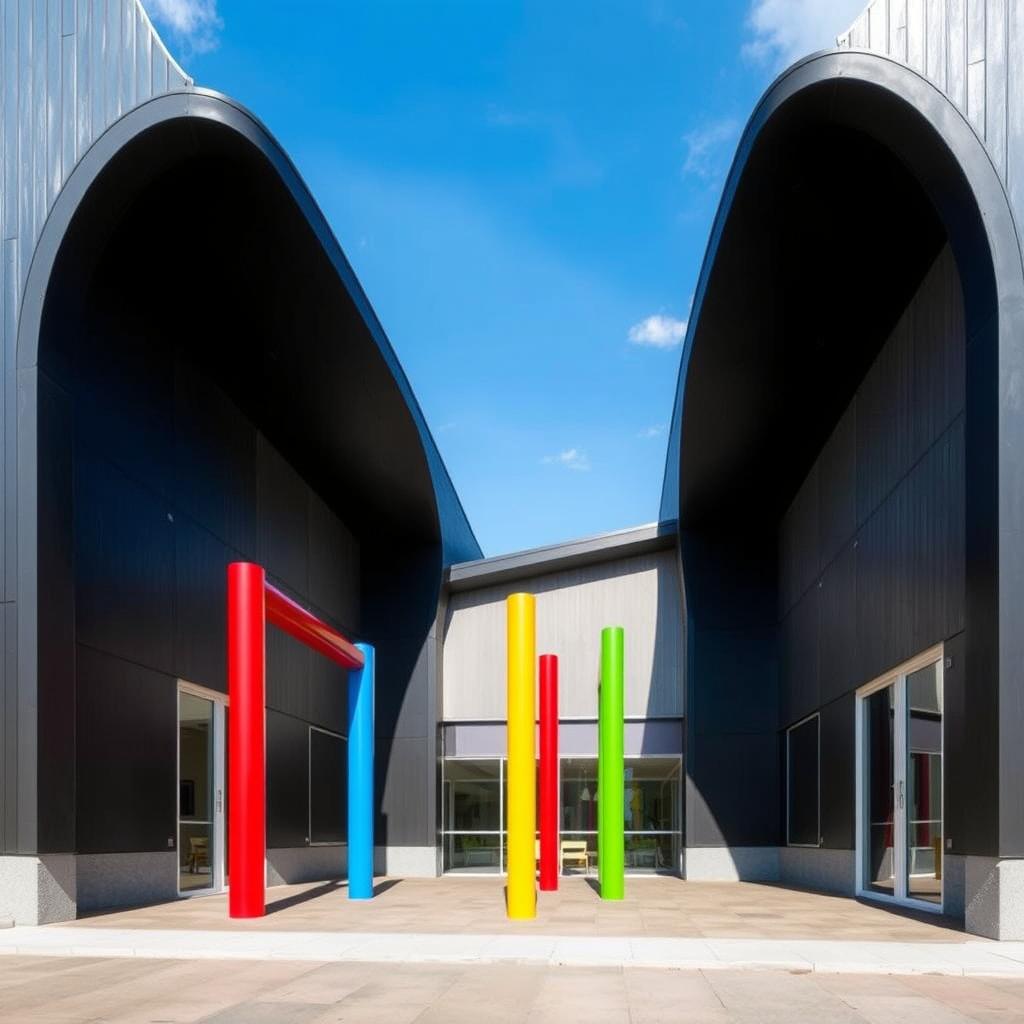 A kindergarten designed with three distinct arch-shaped sections, each separated from one another