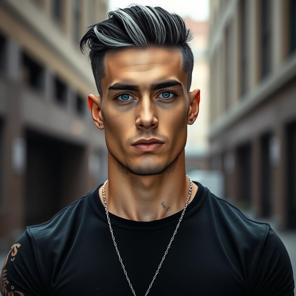 A very tall man with striking blue eyes, an athletic build, and striking black and white hair