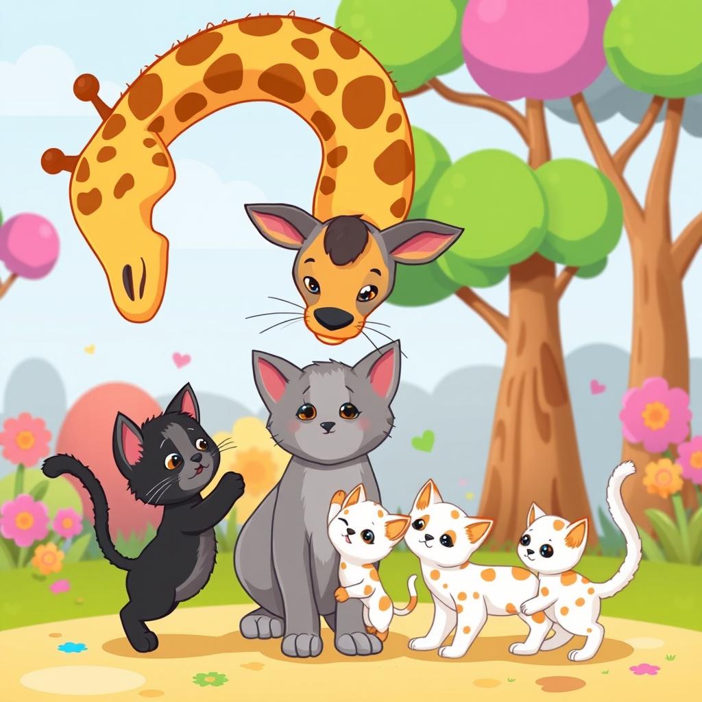 A charming cartoon scene featuring a tall giraffe, a grey mother cat, a black kitten, and a white kitten with orange spots