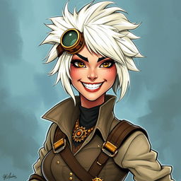 A striking steampunk woman, characterized by her wild grin and adventurous spirit, depicted in a captivating Dungeons and Dragons style illustration