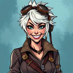 A striking steampunk woman, characterized by her wild grin and adventurous spirit, depicted in a captivating Dungeons and Dragons style illustration