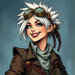 A striking steampunk woman, characterized by her wild grin and adventurous spirit, depicted in a captivating Dungeons and Dragons style illustration