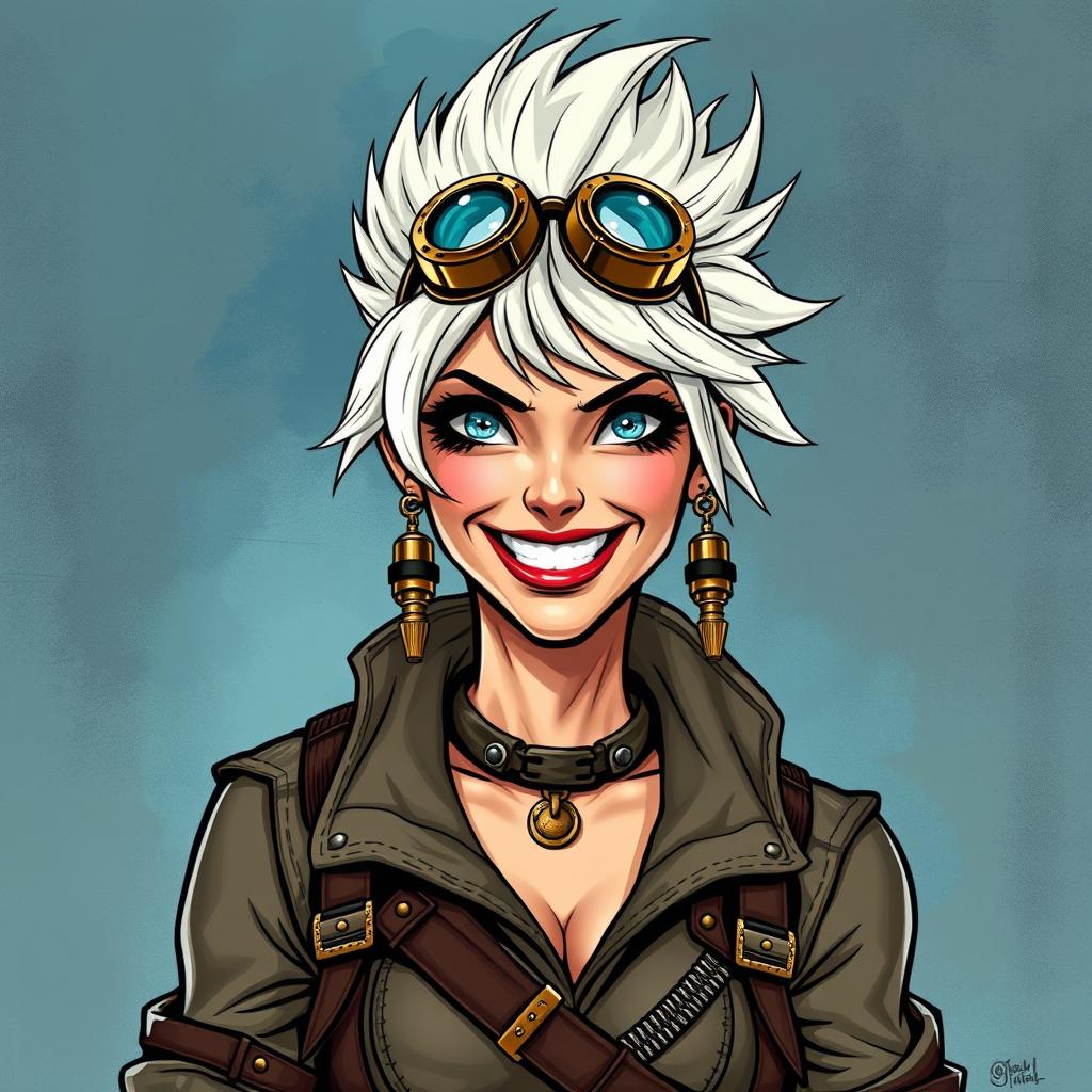 A striking steampunk woman, characterized by her wild grin and adventurous spirit, depicted in a captivating Dungeons and Dragons style illustration