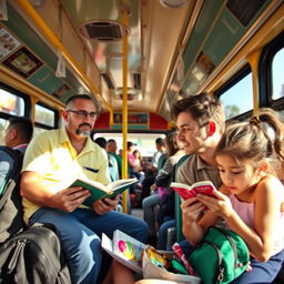 A social scene on a bus with two men sitting comfortably and having a friendly conversation