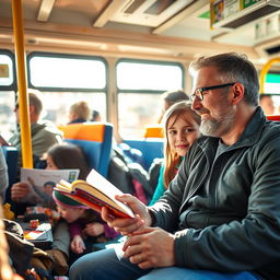 A social scene on a bus with two men sitting comfortably and having a friendly conversation