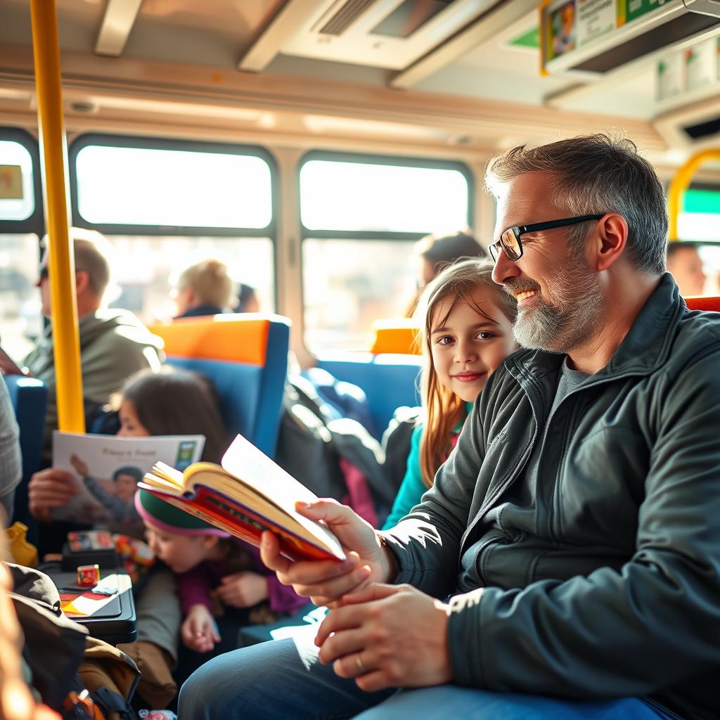 A social scene on a bus with two men sitting comfortably and having a friendly conversation