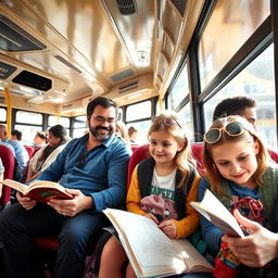 A social scene on a bus with two men sitting comfortably and having a friendly conversation