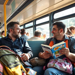 A social scene on a bus with two men sitting comfortably and having a friendly conversation