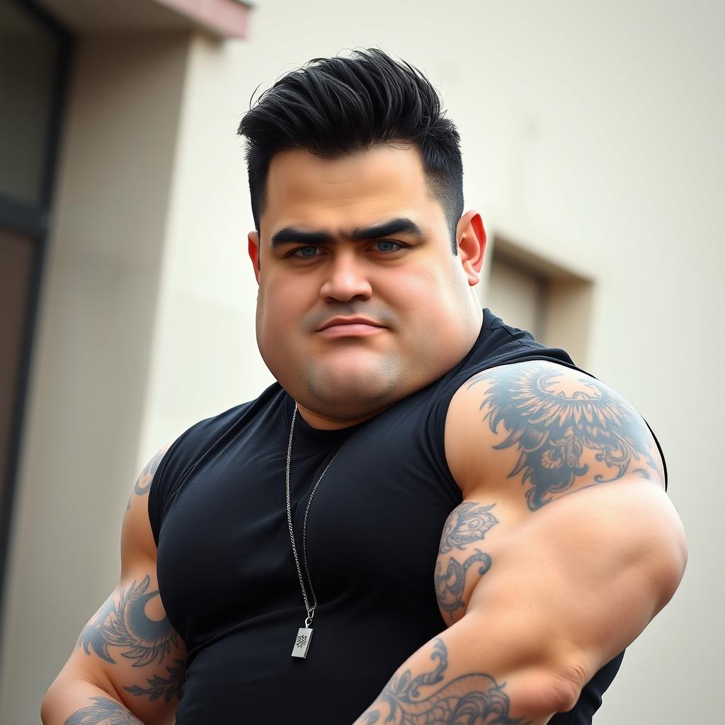 A tall man with striking blue eyes and a large, muscular build