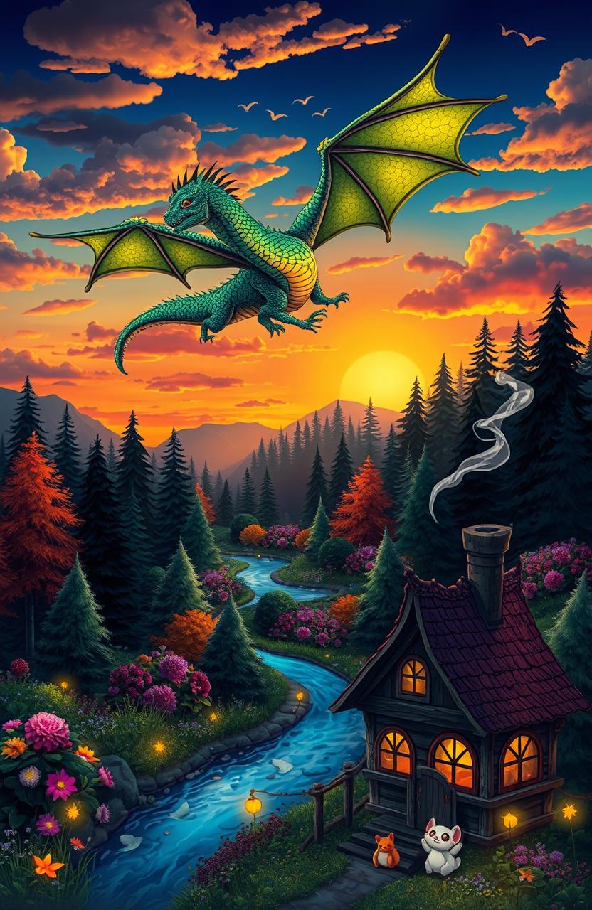 A whimsical scene featuring a majestic dragon soaring through a colorful sunset sky, its scales shimmering with hues of emerald green and gold