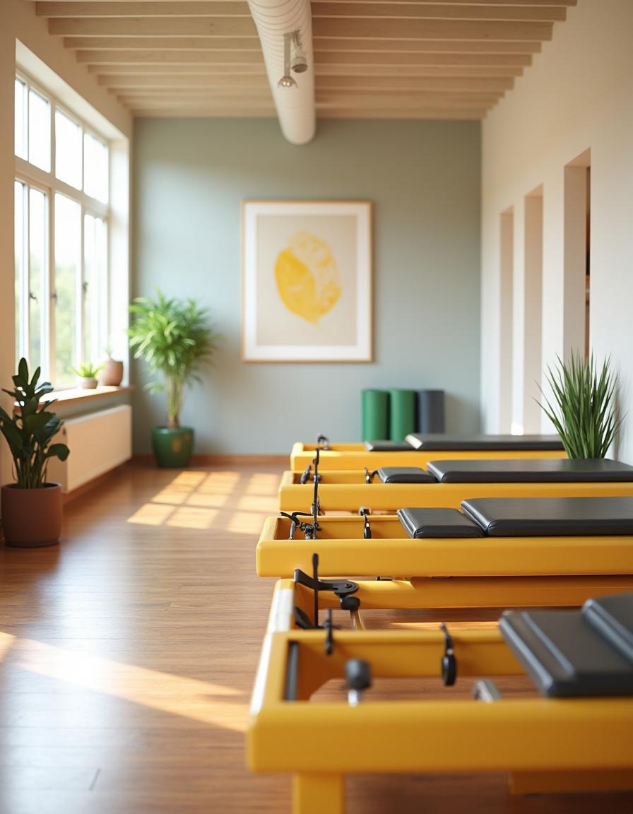 A beautiful and modern Pilates studio featuring sleek yellow reformers lined up neatly