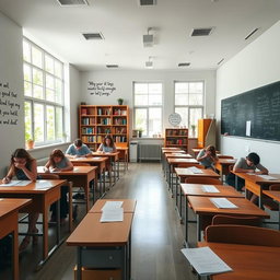 A serene and inspiring classroom setting designed for an exam