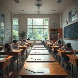 A serene and inspiring classroom setting designed for an exam