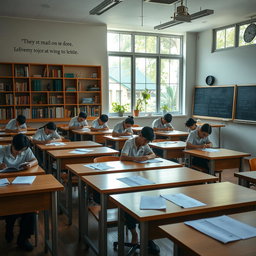 A serene and inspiring classroom setting designed for an exam