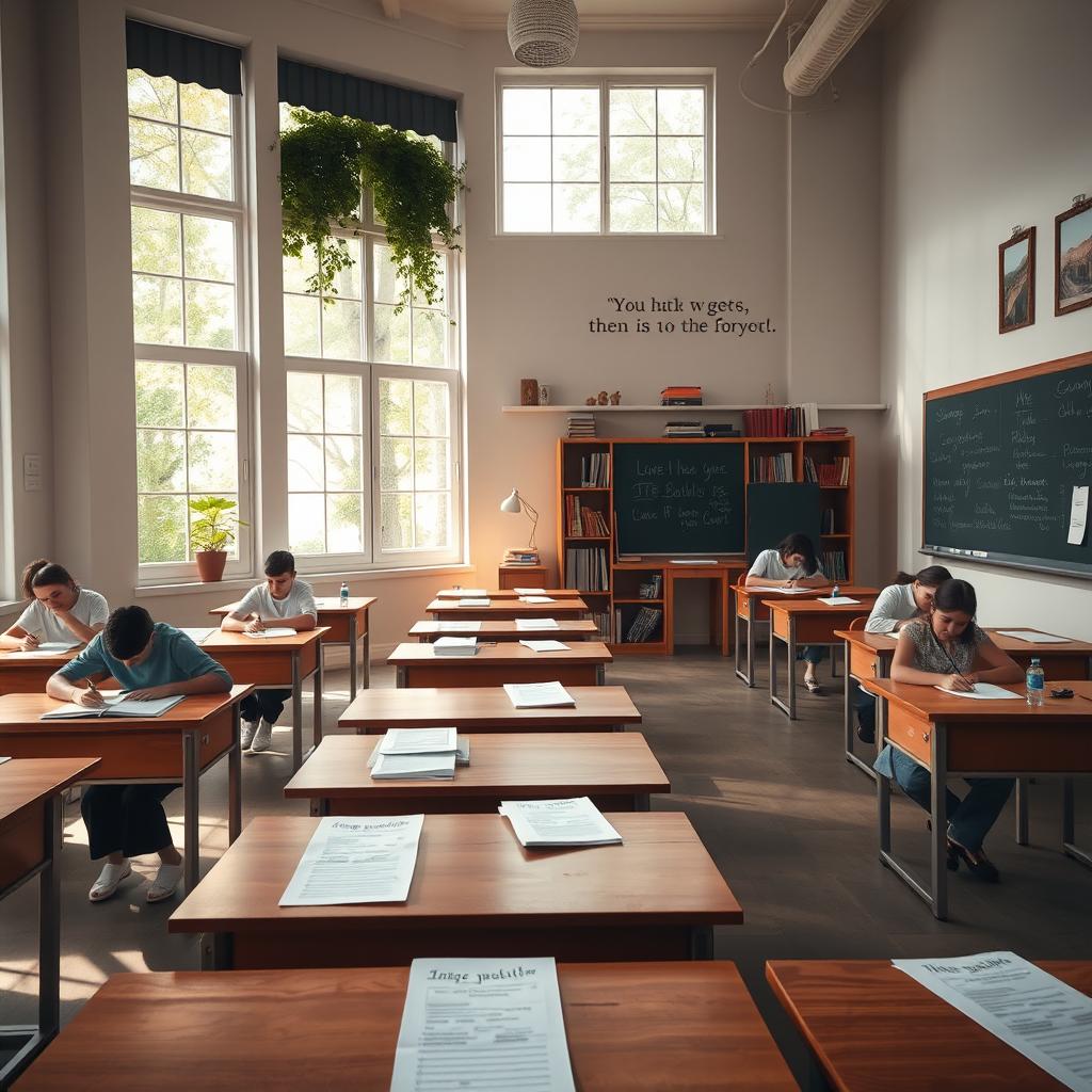 A serene and inspiring classroom setting designed for an exam