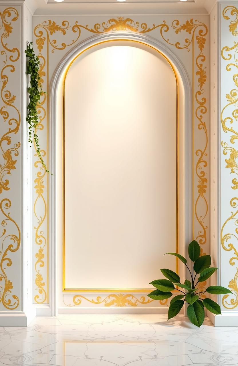 An elegant and luxurious design featuring predominantly white elements accented with gold detailing and subtle hints of green