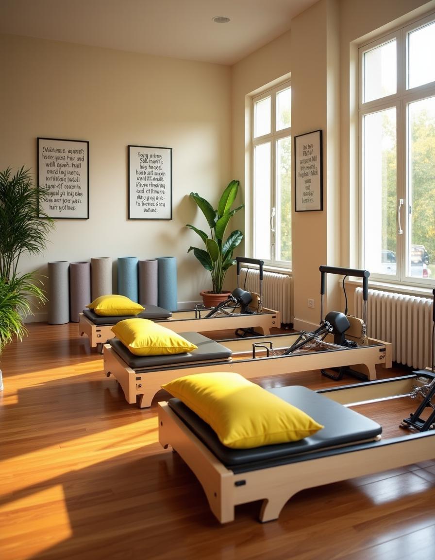 A beautifully designed Pilates studio showcasing reformers with vibrant yellow pillows