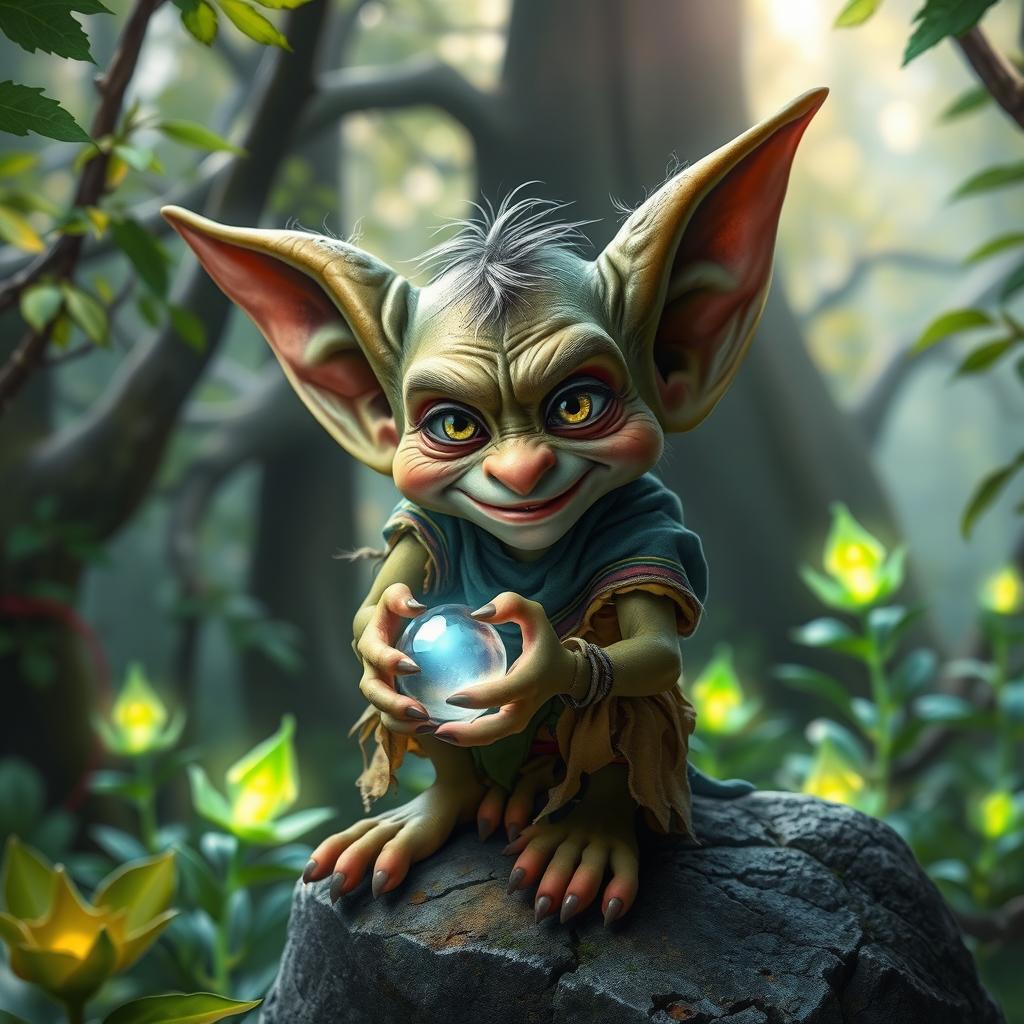 A clever and mischievous goblin, with big ears and a sly grin, wearing tattered but colorful clothes