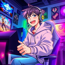 A vibrant and dynamic anime-style illustration of a young male gamer enthusiastically playing video games on both a PlayStation 5 and a gaming PC