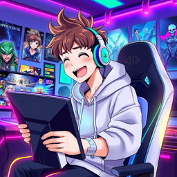 A vibrant and dynamic anime-style illustration of a young male gamer enthusiastically playing video games on both a PlayStation 5 and a gaming PC
