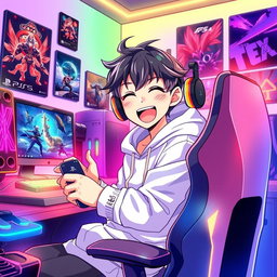 A vibrant and dynamic anime-style illustration of a young male gamer enthusiastically playing video games on both a PlayStation 5 and a gaming PC