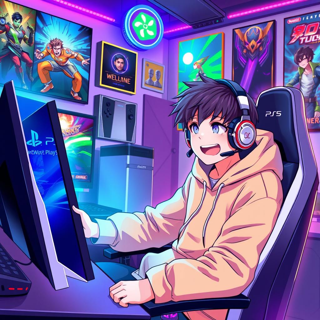 A vibrant and dynamic anime-style illustration of a young male gamer enthusiastically playing video games on both a PlayStation 5 and a gaming PC