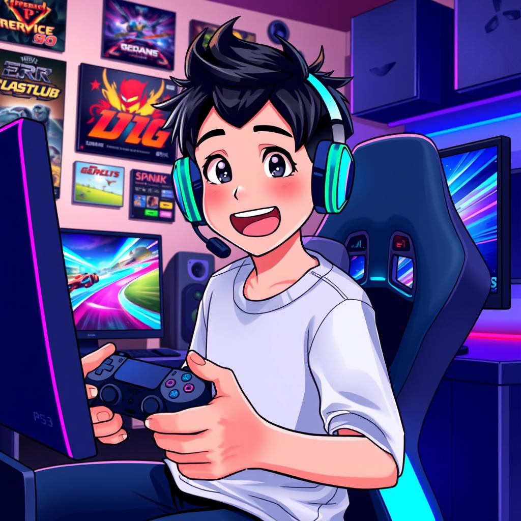 An animated scene depicting a young gamer enthusiastically playing video games on his PlayStation 5 and PC