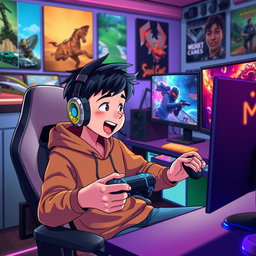 An animated scene depicting a young gamer enthusiastically playing video games on his PlayStation 5 and PC