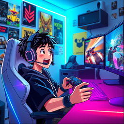 An animated scene depicting a young gamer enthusiastically playing video games on his PlayStation 5 and PC