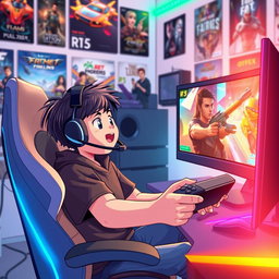 An animated scene depicting a young gamer enthusiastically playing video games on his PlayStation 5 and PC