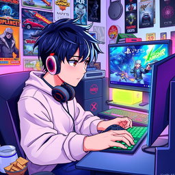 An anime-style illustration of a young male gamer intensely focused on playing video games on both a PlayStation 5 and a gaming PC