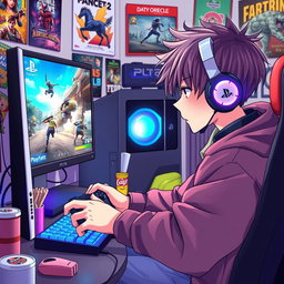 An anime-style illustration of a young male gamer intensely focused on playing video games on both a PlayStation 5 and a gaming PC
