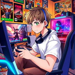 An anime-style illustration of a young male gamer intensely focused on playing video games on both a PlayStation 5 and a gaming PC