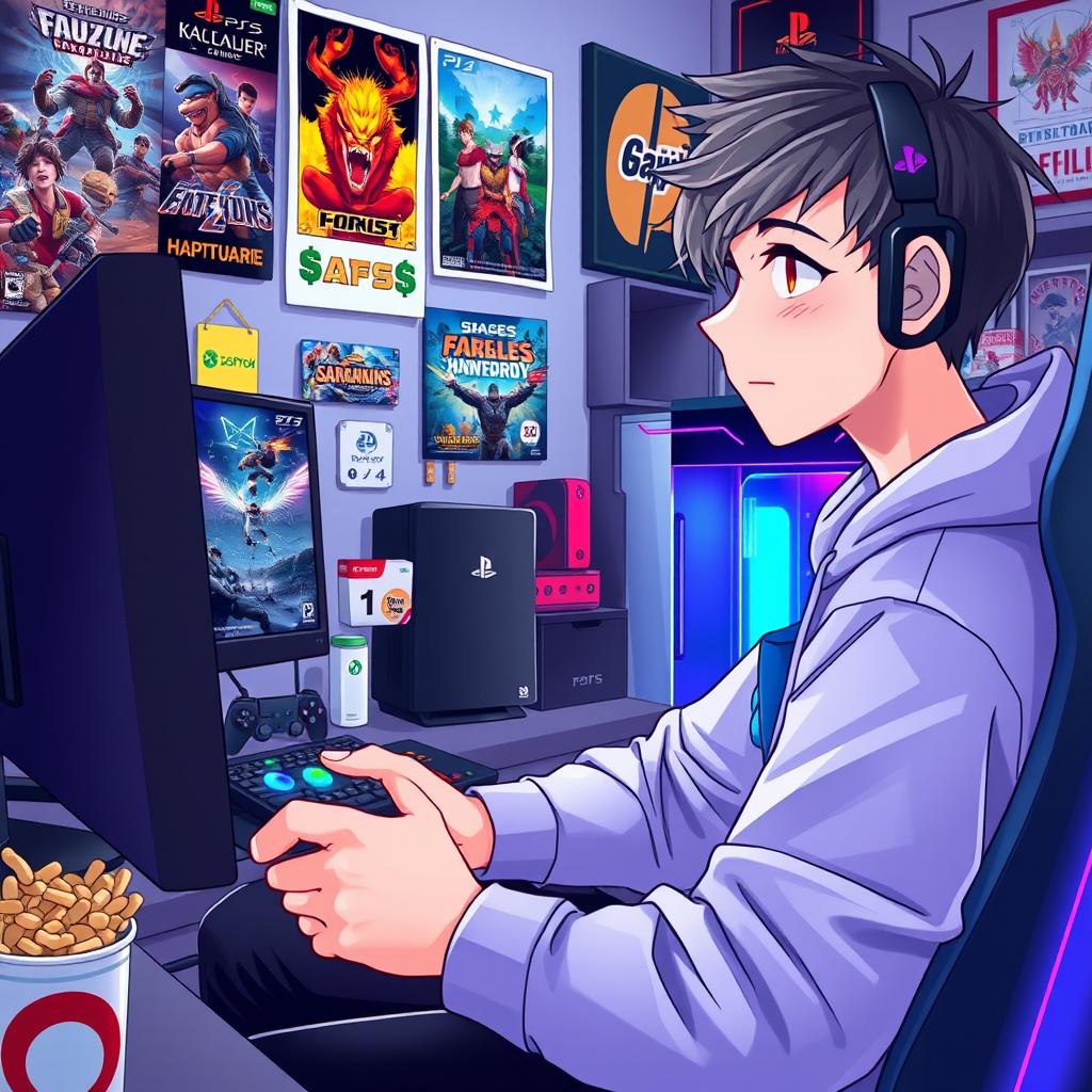 An anime-style illustration of a young male gamer intensely focused on playing video games on both a PlayStation 5 and a gaming PC