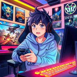A vibrant and dynamic anime scene depicting a young gamer engrossed in playing video games