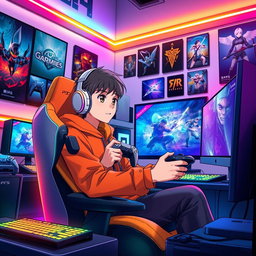 A vibrant and dynamic anime scene depicting a young gamer engrossed in playing video games