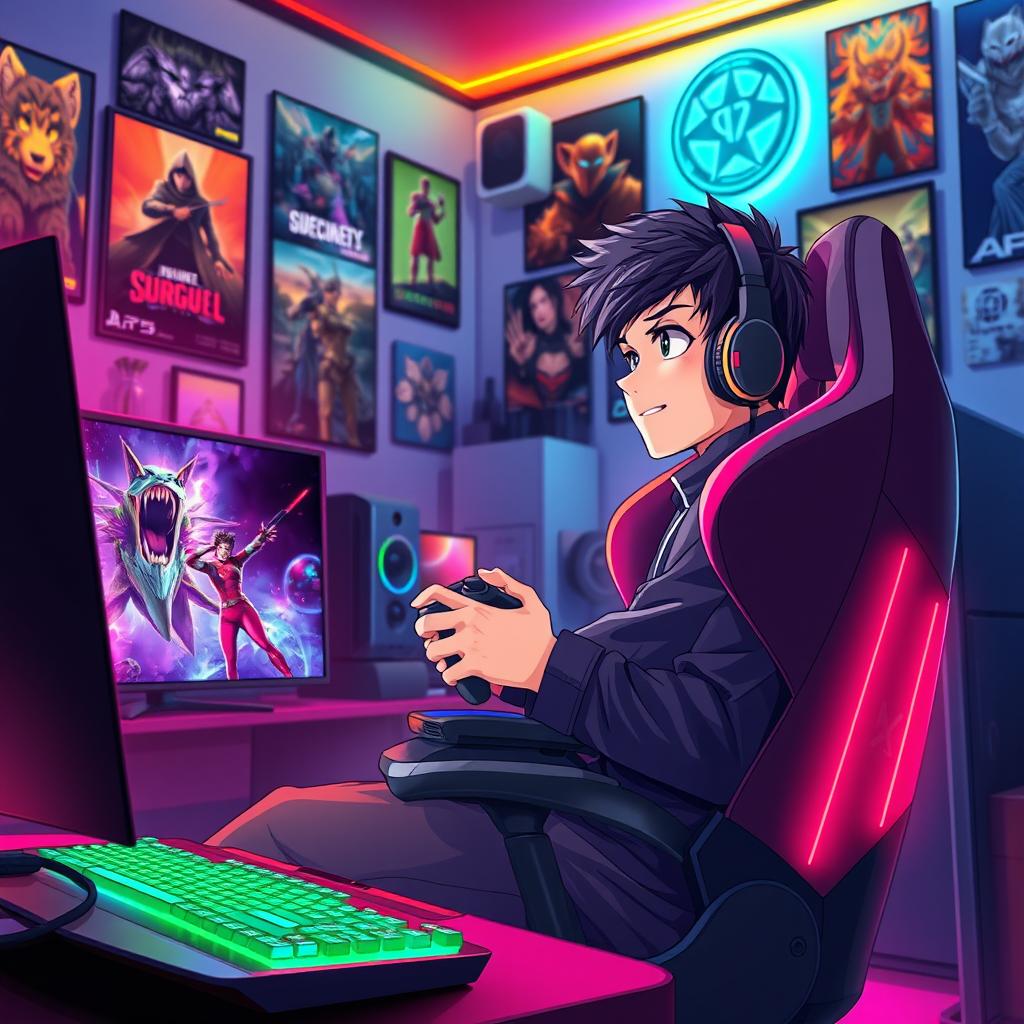 A vibrant and dynamic anime scene depicting a young gamer engrossed in playing video games