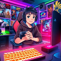 A vibrant and dynamic anime scene depicting a young gamer engrossed in playing video games